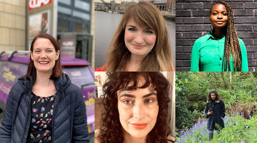 A grid showing five different women